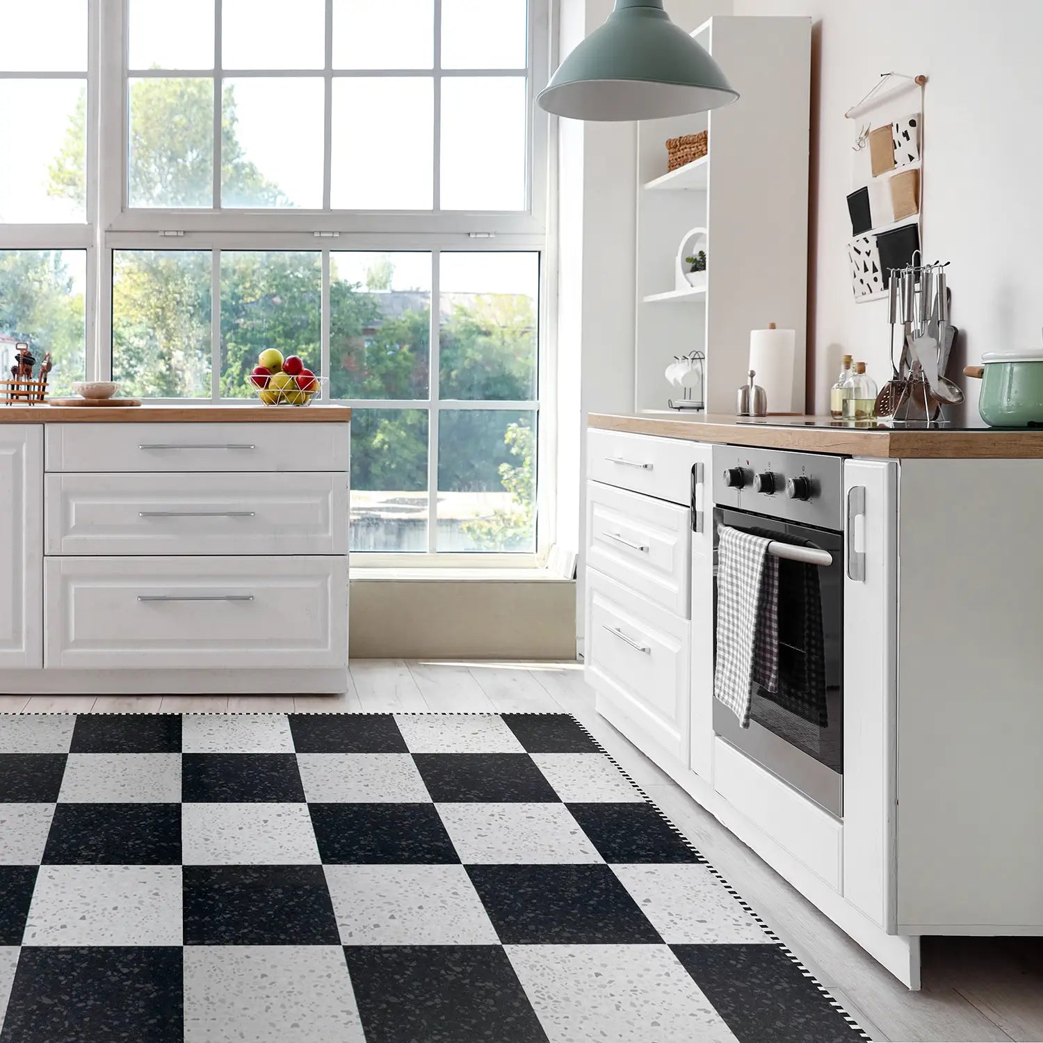 Black and white checkerboard vinyl rug